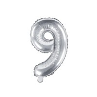 Folijas balons 35cm - cipars 9, sudraba, tikai gaisam Folijas balons 35cm - cipars 9, sudraba, tikai gaisam