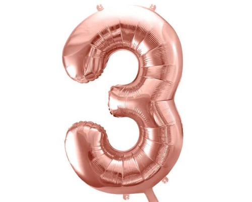 Folijas balons 86cm XL - cipars 3, rozā zelts