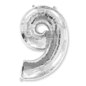 Folijas balons 96cm XXL - cipars 9, sudraba, Flexmetal Folijas balons 96cm XXL - cipars 9, sudraba, Flexmetal