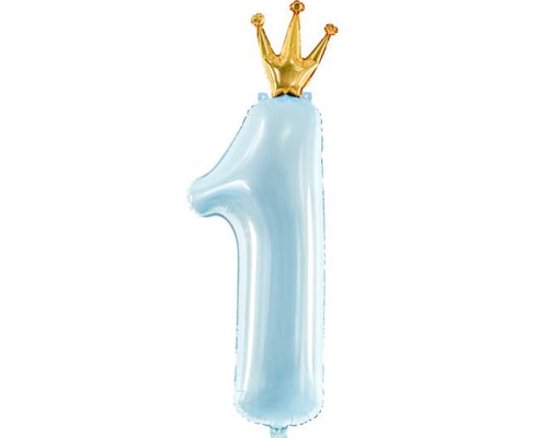 Folijas balons 90cm XL - cipars 1, zils gaiši, ar zelta kroni