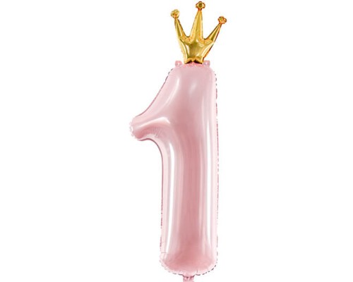 Folijas balons 90cm XL - cipars 1, rozā gaiši, ar zelta kroni