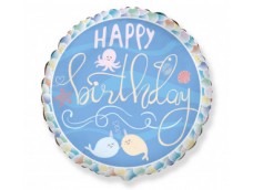 Folijas balons 48cm, aplis, "Happy Birthday - Narwhal"