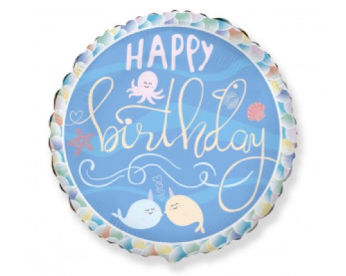  Folijas balons Happy Birthday - Narwhal, 48cm, aplis