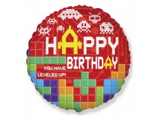 Folijas balons 48cm, aplis, "Happy Birthday - Level Up"