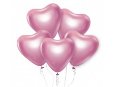 Baloni metāliski, hroma, rozā,  sirds formā - 27cm