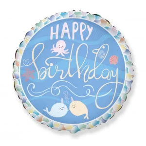 Folijas balons Happy Birthday - Narwhal, 48cm, aplis Folijas balons Happy Birthday - Narwhal, 48cm, aplis