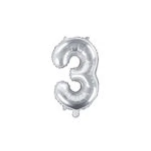 Folijas balons 35cm - cipars 3, sudraba, tikai gaisam Folijas balons 35cm - cipars 3, sudraba, tikai gaisam