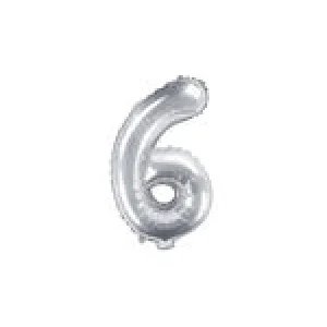Folijas balons 35cm - cipars 6, sudraba, tikai gaisam Folijas balons 35cm - cipars 6, sudraba, tikai gaisam