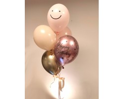 5 balonu pušķis ar Happy Birthday un Smaidiņu
