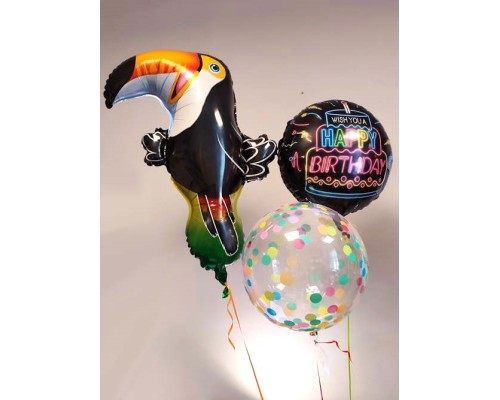 3 balonu pušķis - Tukāns, Happy Birthday