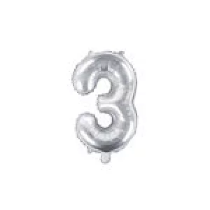 Folijas balons 35cm - cipars 3, sudraba, tikai gaisam Folijas balons 35cm - cipars 3, sudraba, tikai gaisam
