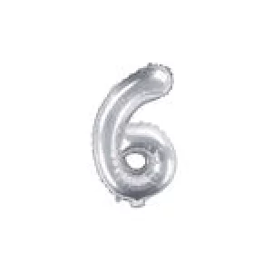 Folijas balons 35cm - cipars 6, sudraba, tikai gaisam Folijas balons 35cm - cipars 6, sudraba, tikai gaisam