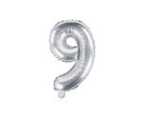 Folijas balons 35cm - cipars 9, sudraba, tikai gaisam